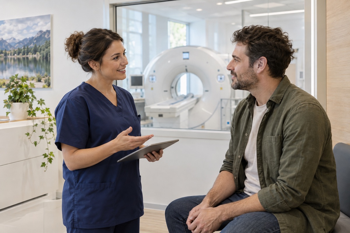 MT-R erklärt einem Patienten die Untersuchung