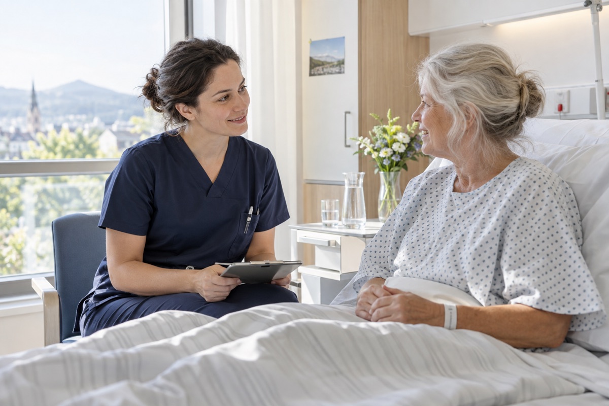 Pflegekraft hört einer Patientin am Krankenbett zu