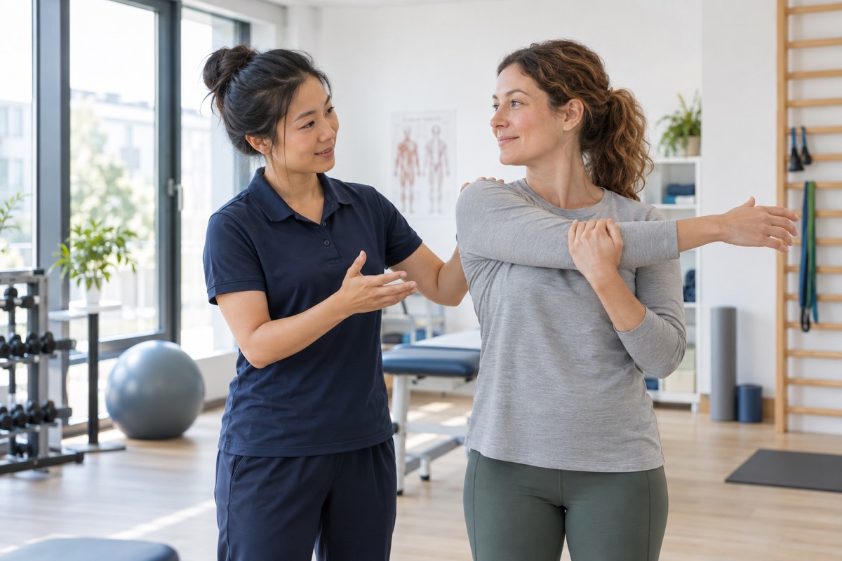 Physiotherapeutin erklärt eine Schulterübung