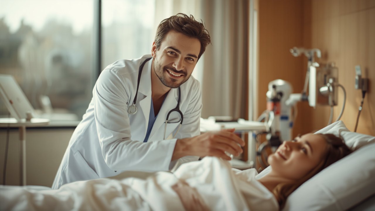 Junger Arzt im fachlichen Gespräch im Klinikalltag