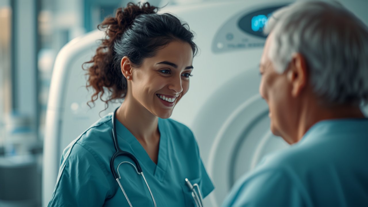 Lächelnde MT-R im Gespräch mit einem Patienten am CT