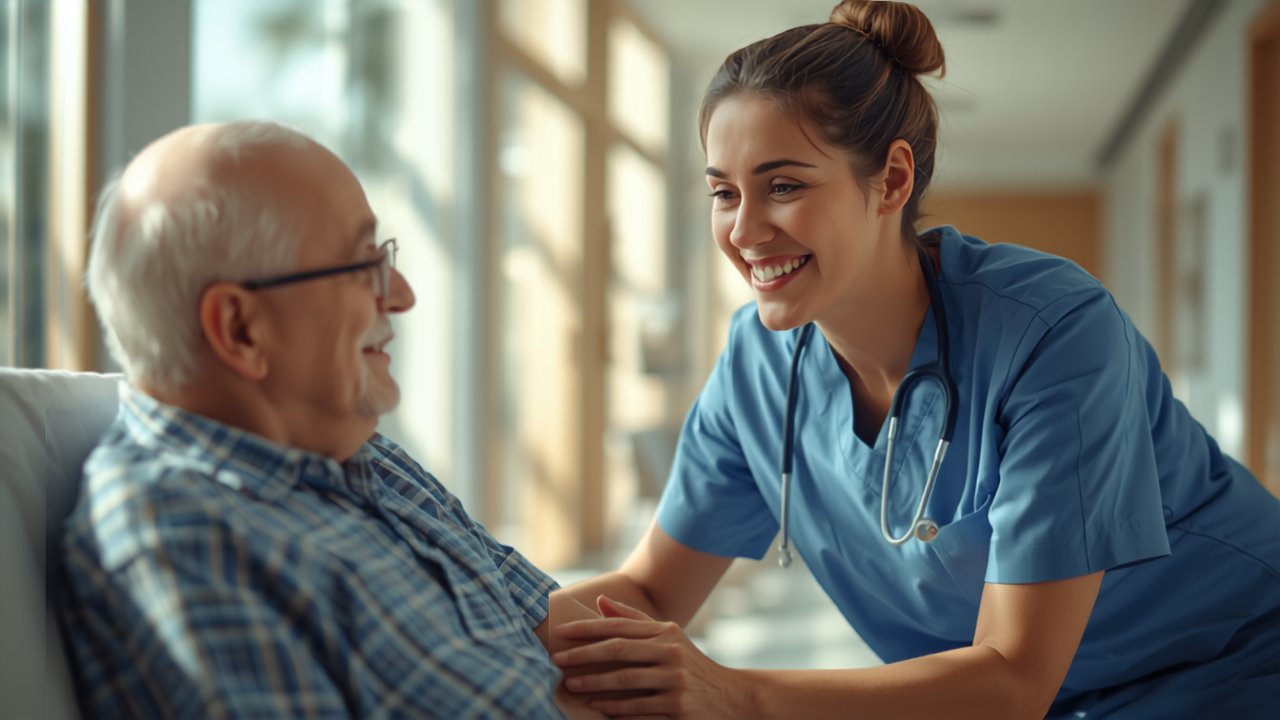 Pflegefachkraft im Gespräch mit einer Patientin im modernen Krankenhaus
