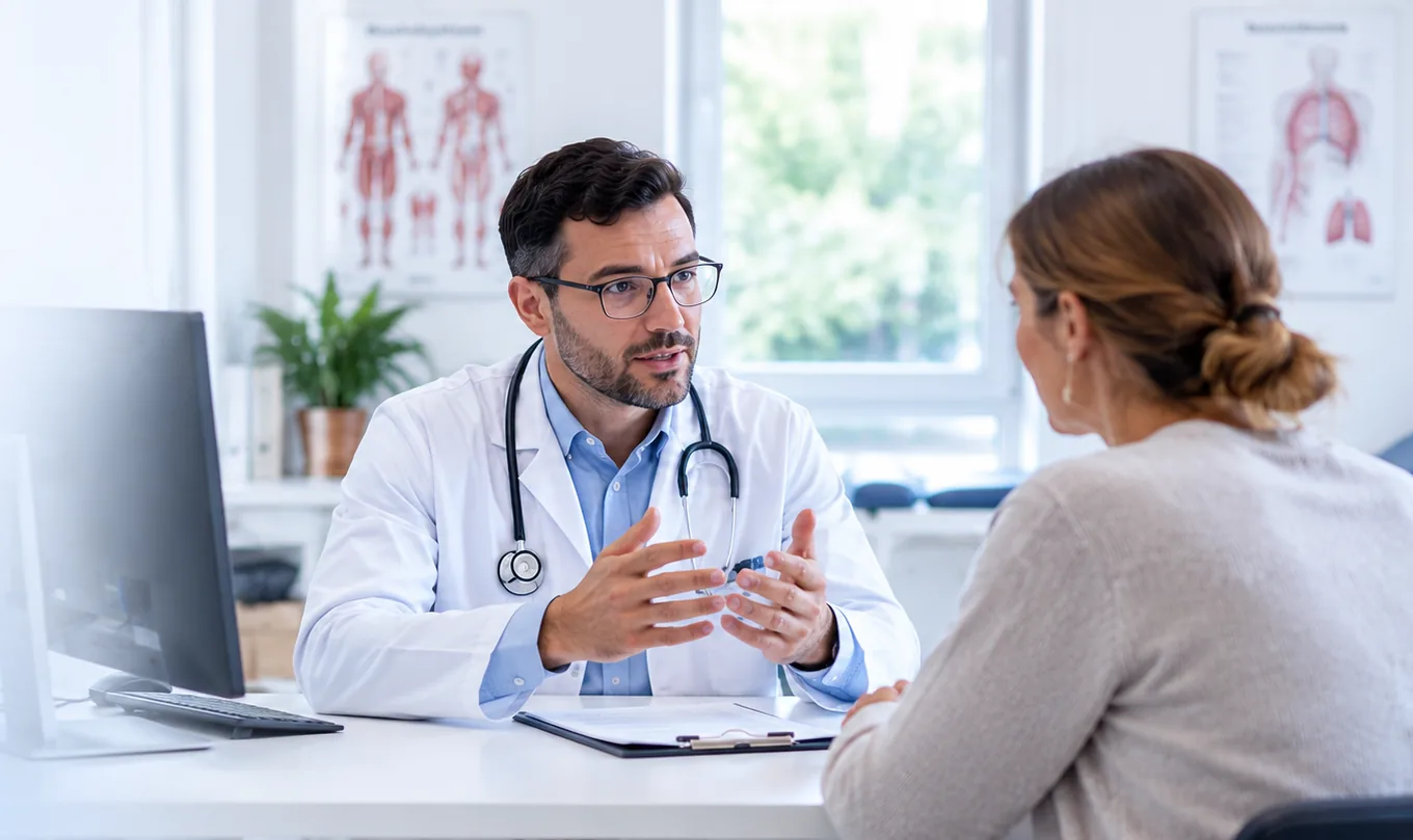 Doctor talking with a patient at the desk of a bright practice