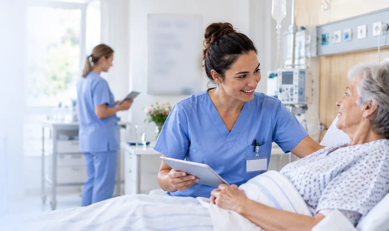 Nurse with a tablet talking to an older patient in a hospital room