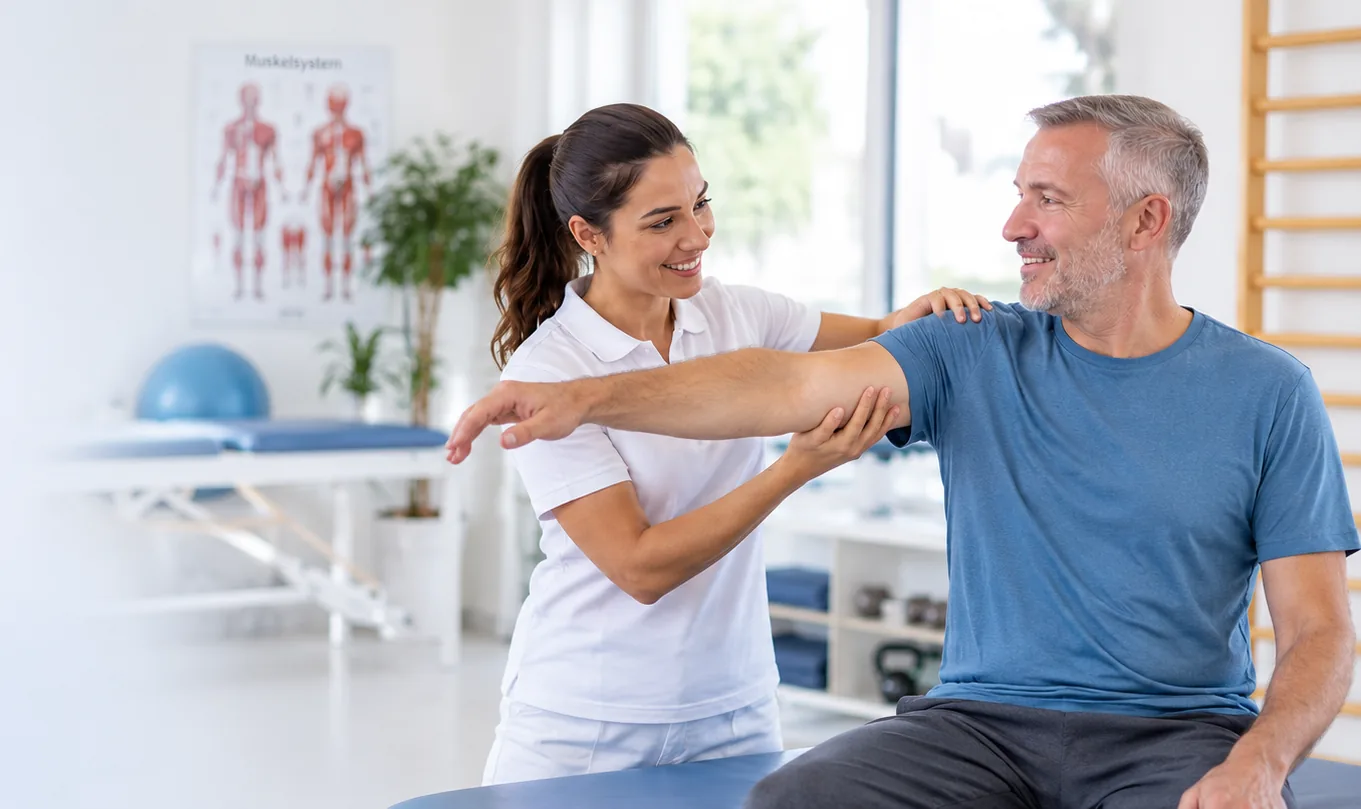 Physiotherapeutin prüft die Schulterbeweglichkeit eines Patienten in einer hellen Praxis