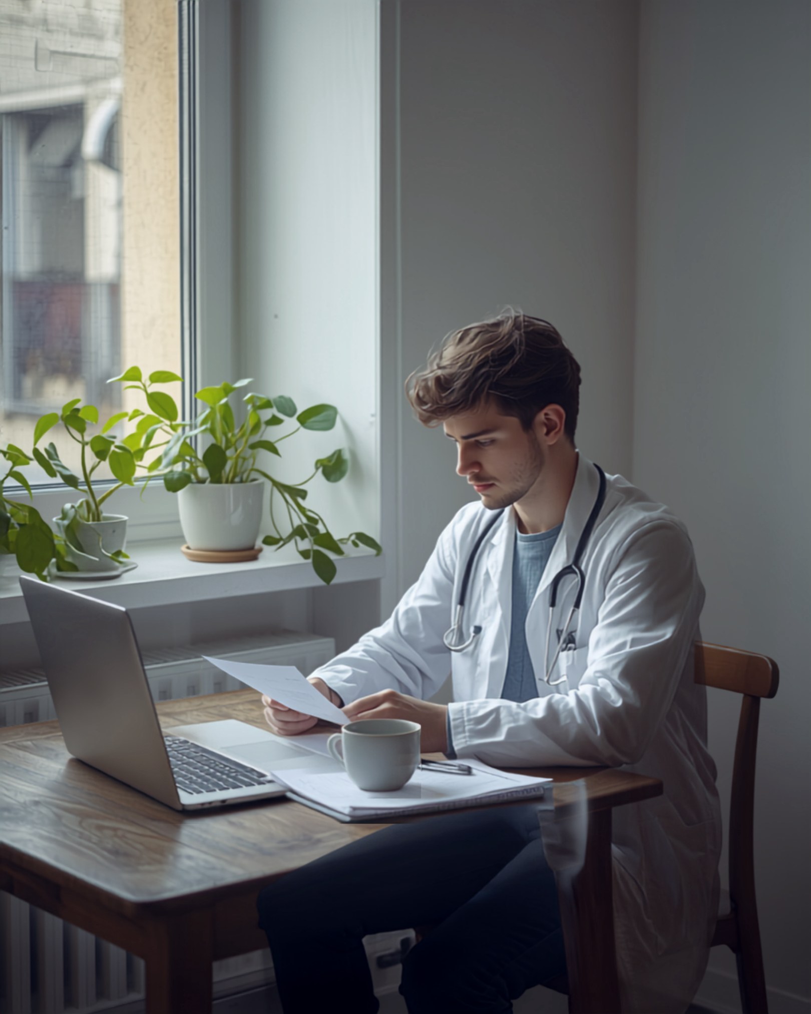 Médico joven revisando documentos en la mesa de su piso, junto a un portátil y un café