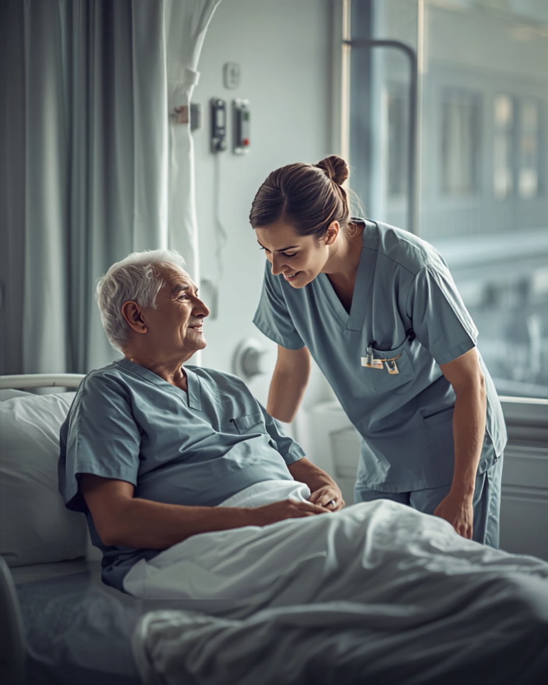 Pflegefachkraft im Gespräch mit einem älteren Patienten