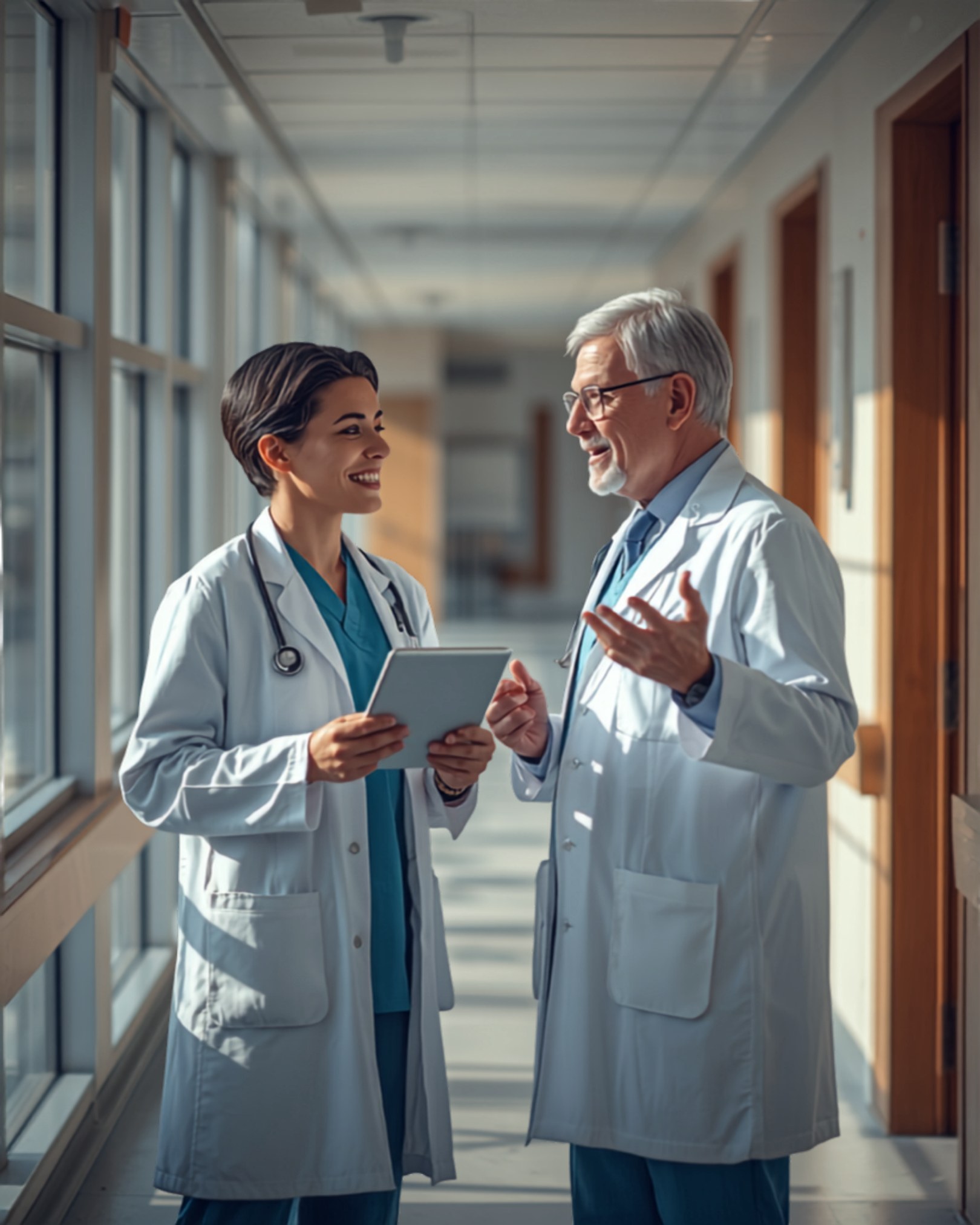 Médica residente conversando con un médico adjunto en el pasillo luminoso de un hospital