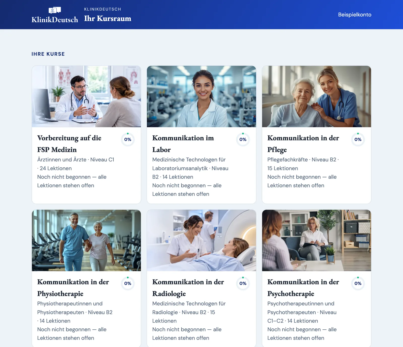 Startseite des KlinikDeutsch-Kursraums mit den sechs Fachsprachkursen als Kacheln