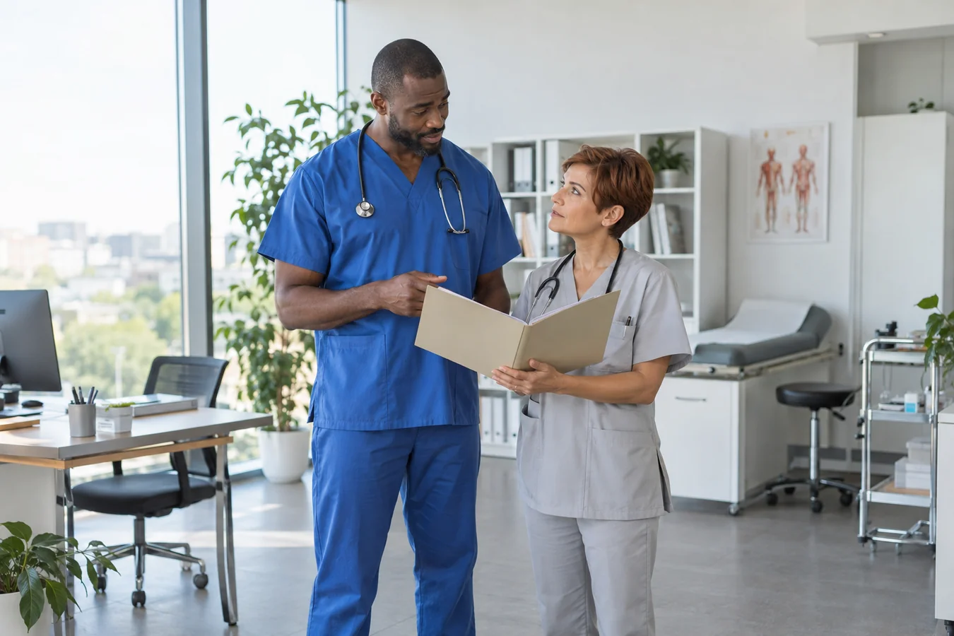 Conversación de trabajo entre profesionales médicos