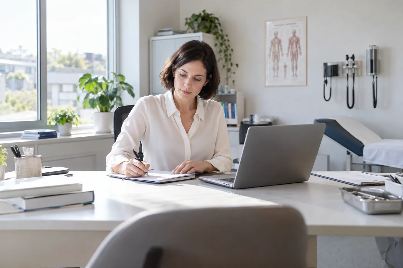 Ärztin beim Arbeiten mit Notizen und einem Computer