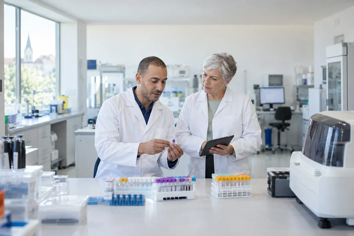 Two laboratory professionals discuss a workflow