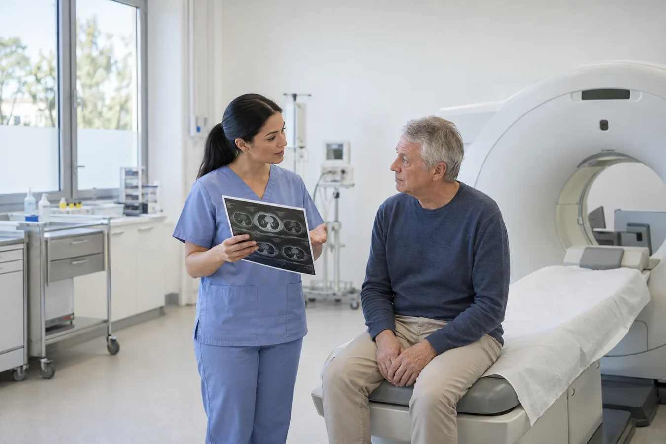 An MT-R explains a CT examination to a patient