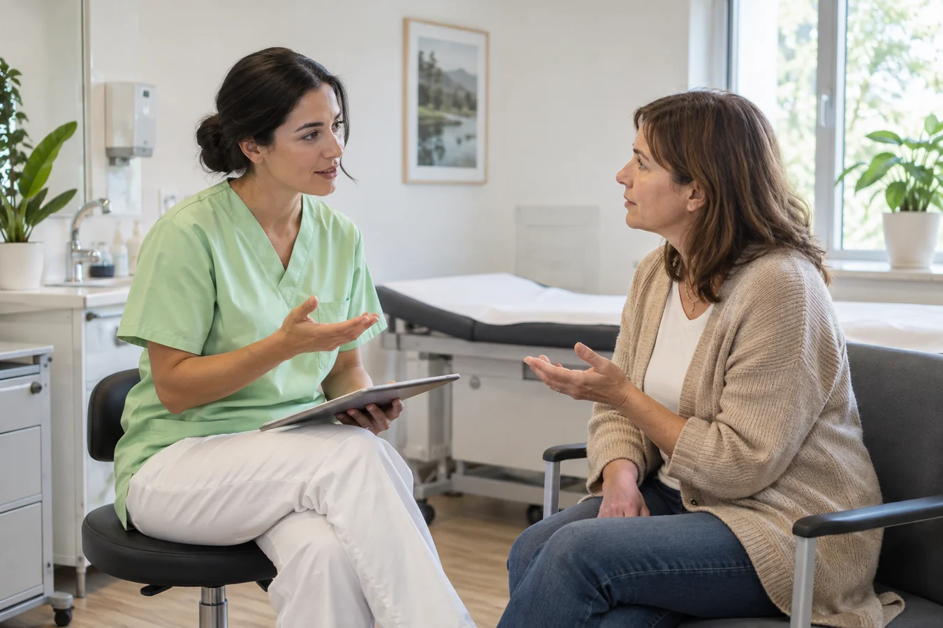 Gespräch zwischen einer Pflegefachkraft und einer Patientin