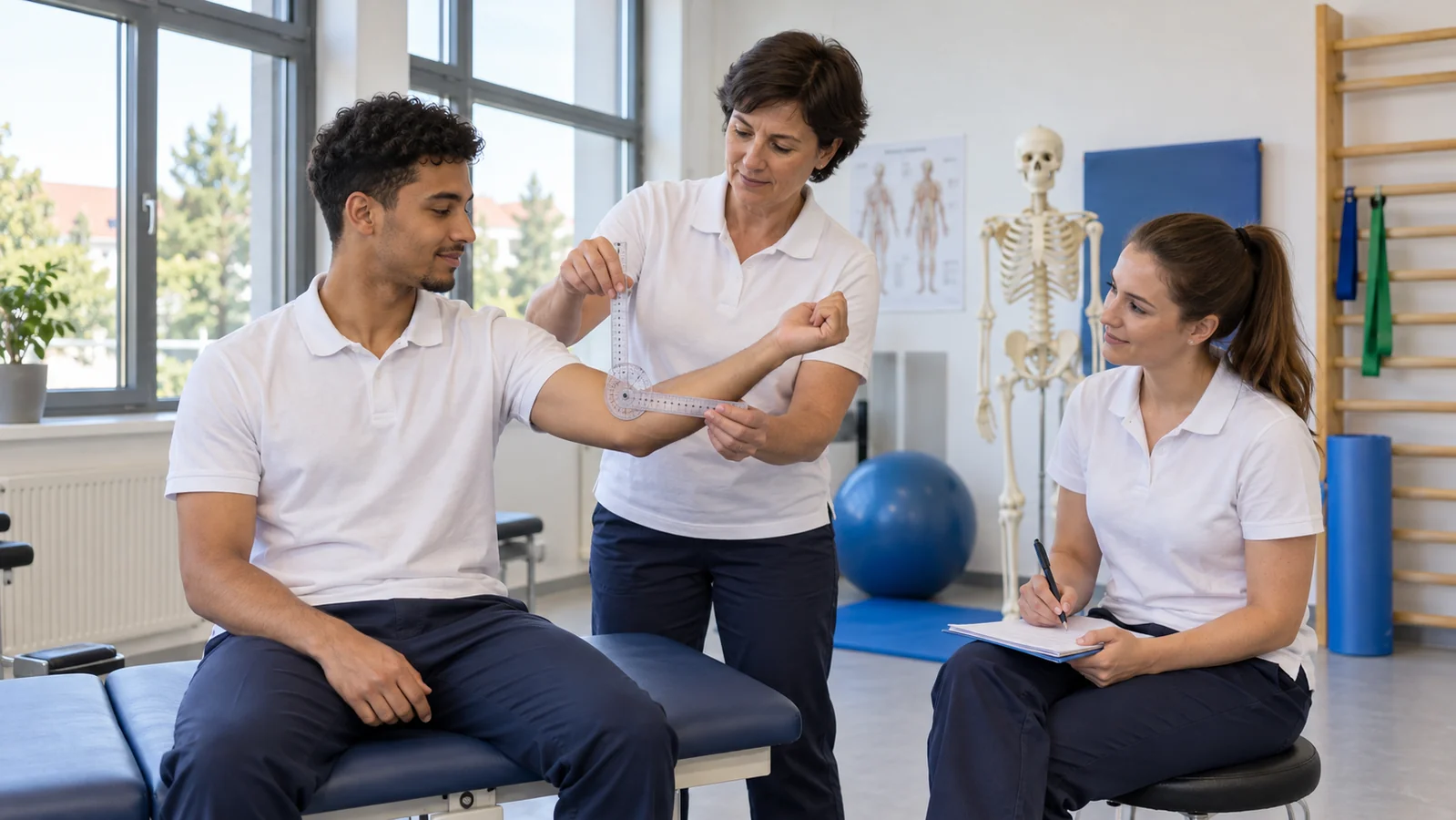 An instructor supports two students in a physiotherapy assessment practice