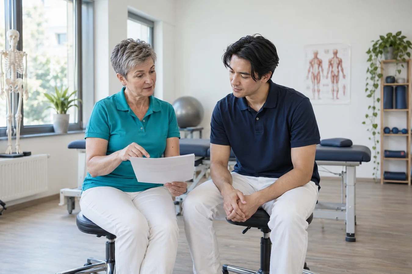 Two physiotherapists discuss a progress record