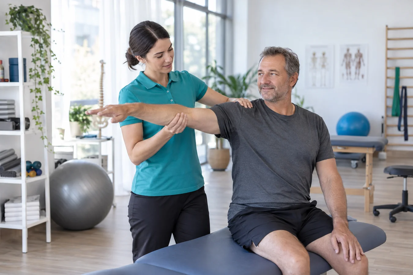 A physiotherapist explains a shoulder movement to a patient