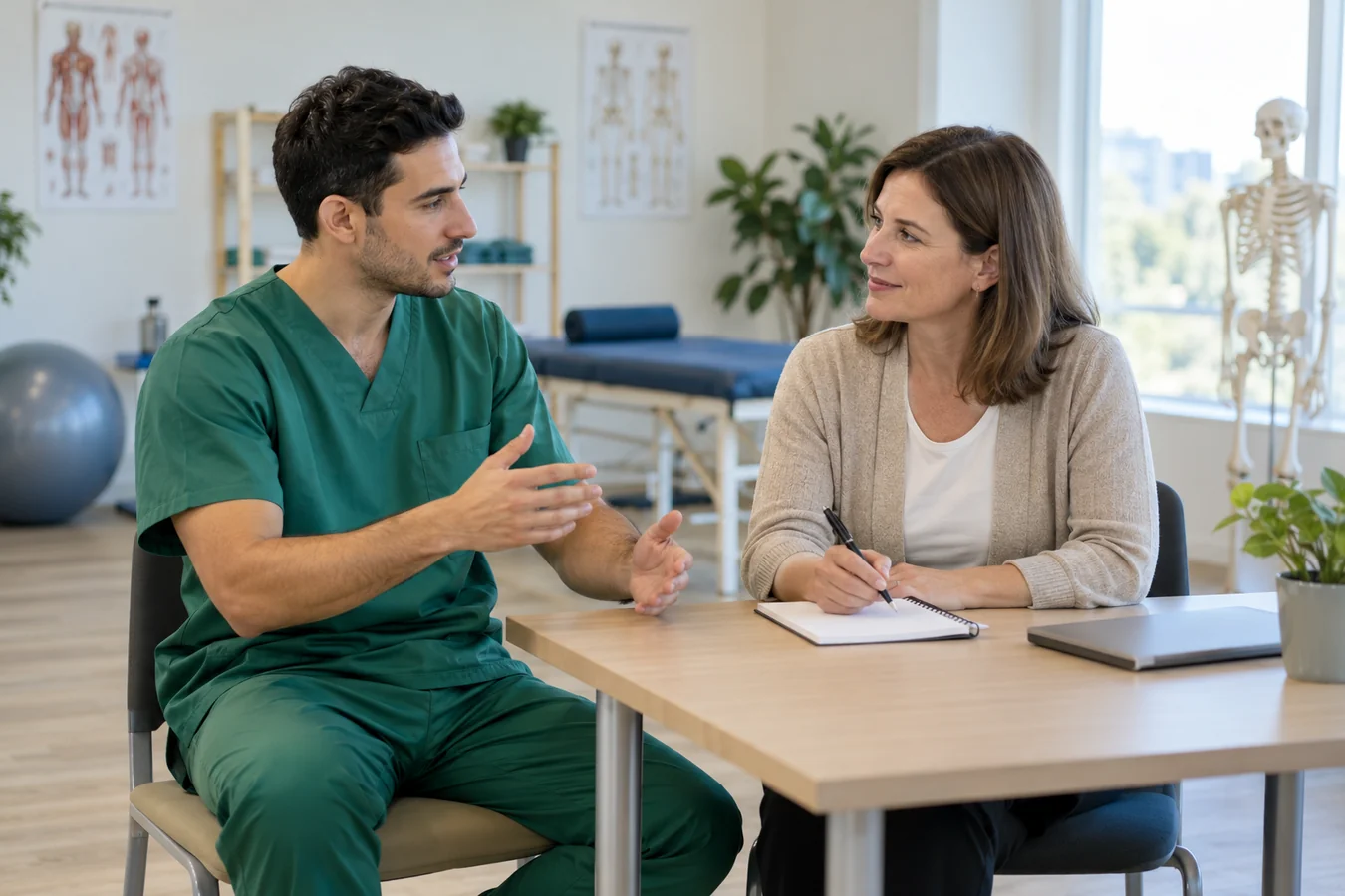 A physiotherapist practises a conversation with a German language trainer