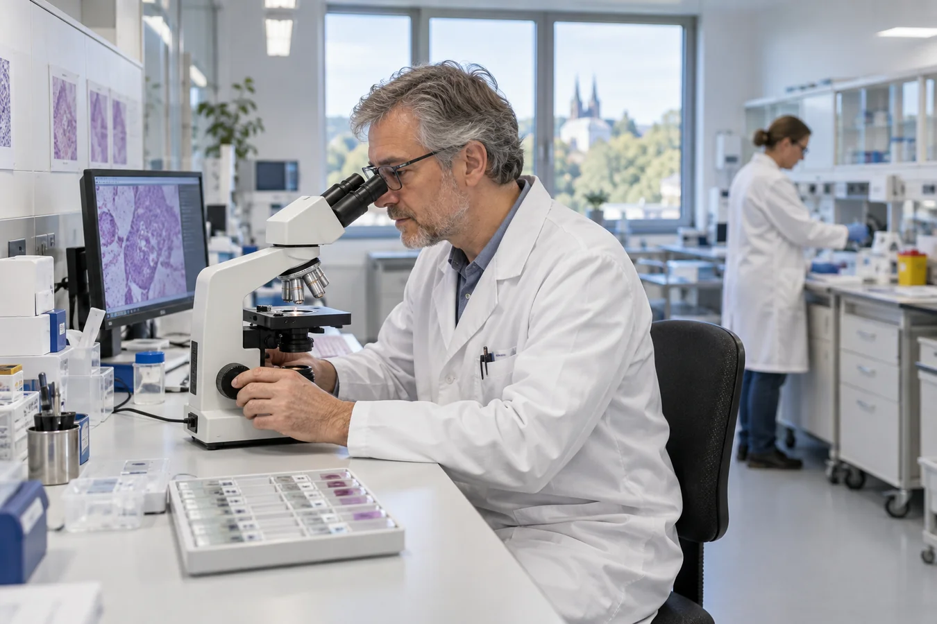 Profesional de laboratorio trabajando con un microscopio