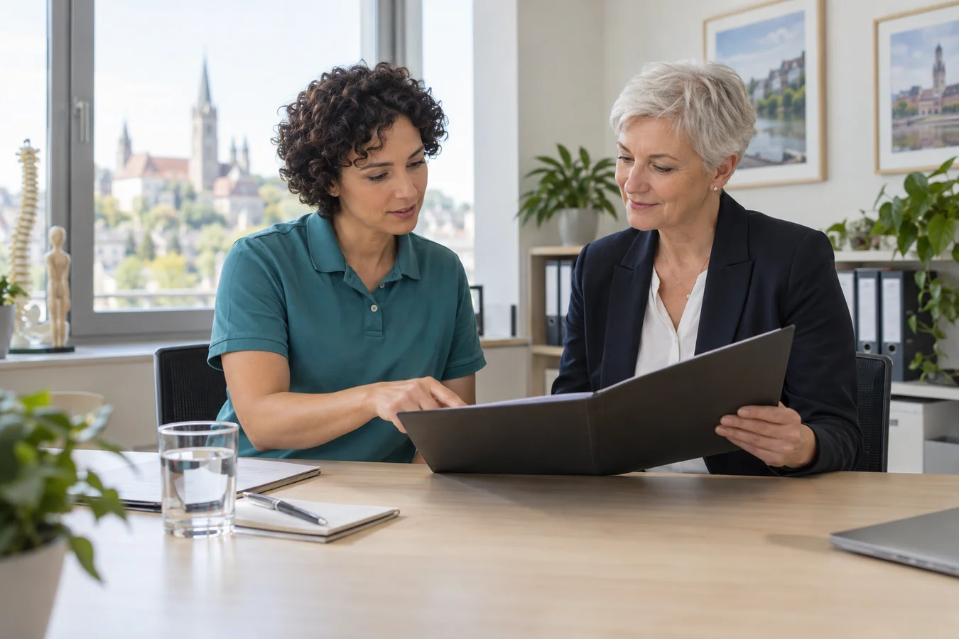A physiotherapist reviews professional documents with an adviser