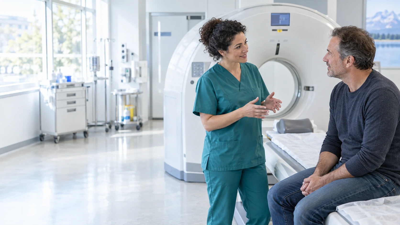 Una técnica de radiología explica una exploración a un paciente junto al tomógrafo