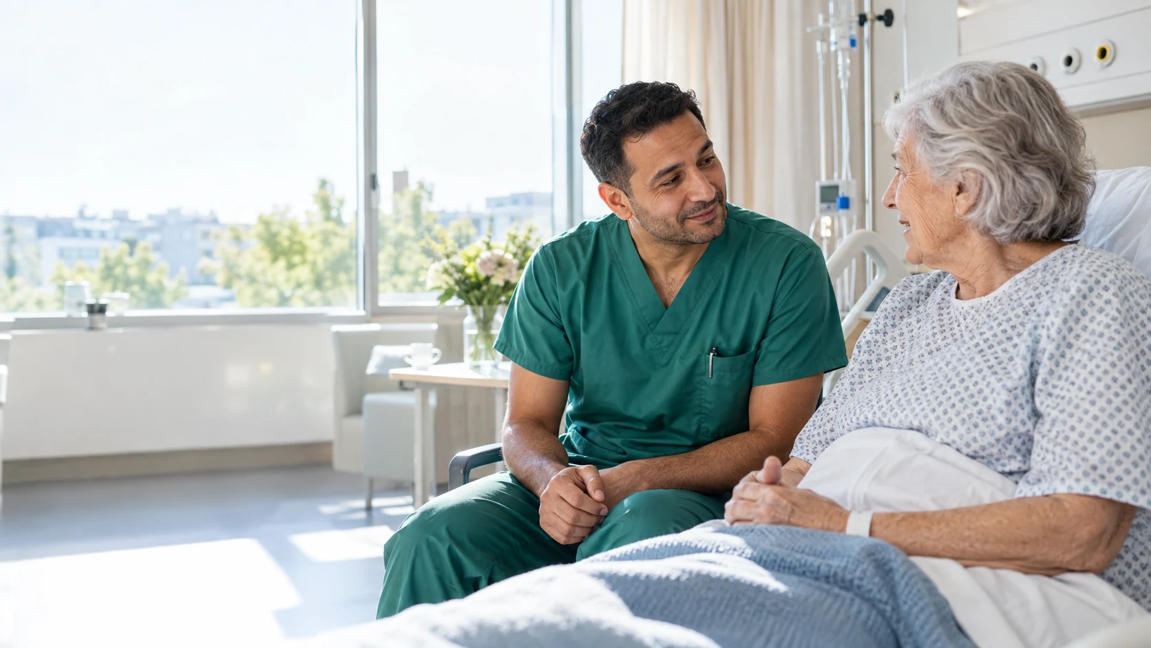 A nurse talks with an older patient in a bright hospital room