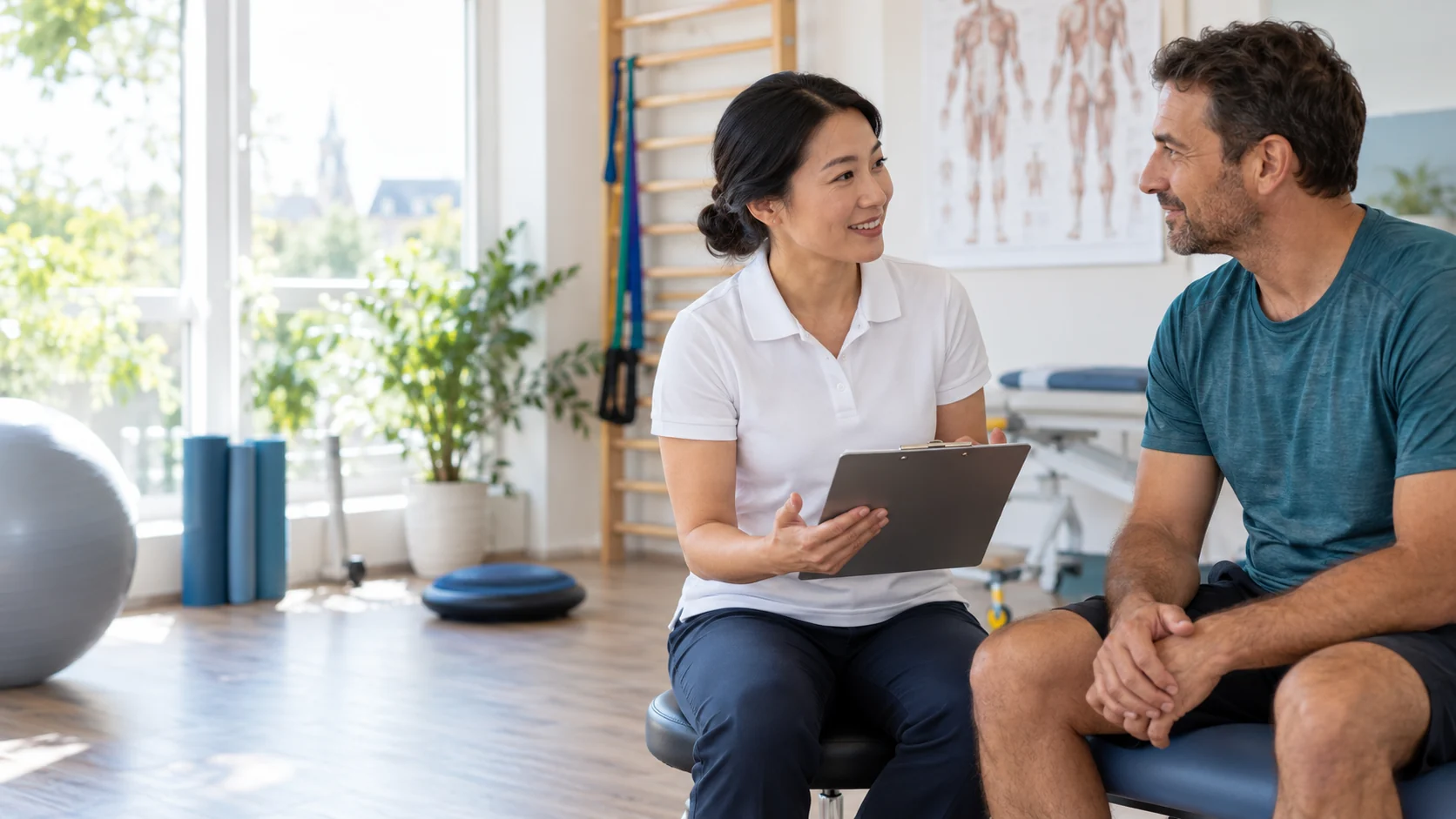 Physiotherapie: Gespräch mit einem Patienten / conversación con un paciente / talking with a patient