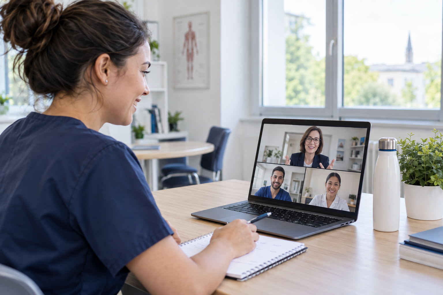 Una participante practica online con una profesora y otras dos participantes